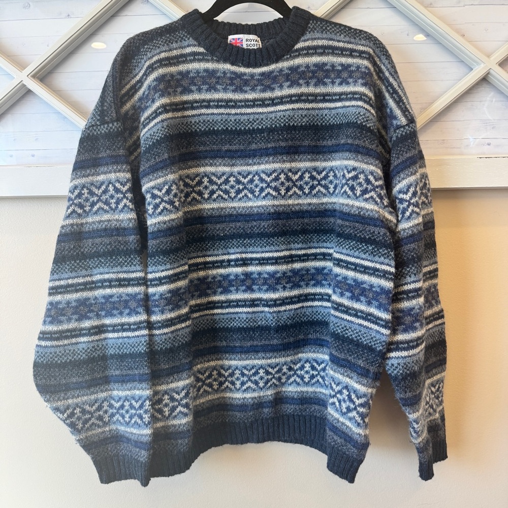 Royal Scott 100%‎ pure shetland wool sweater men’s XL  Blue Gray Vintage